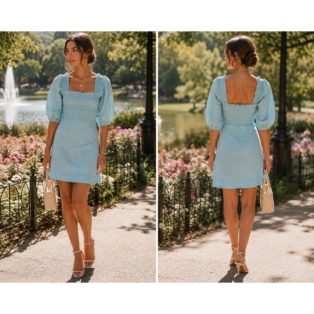 Ganni Organic Cotton Poplin Mini Dress Light Blue Floral Puff Sleeve Smocked NWT